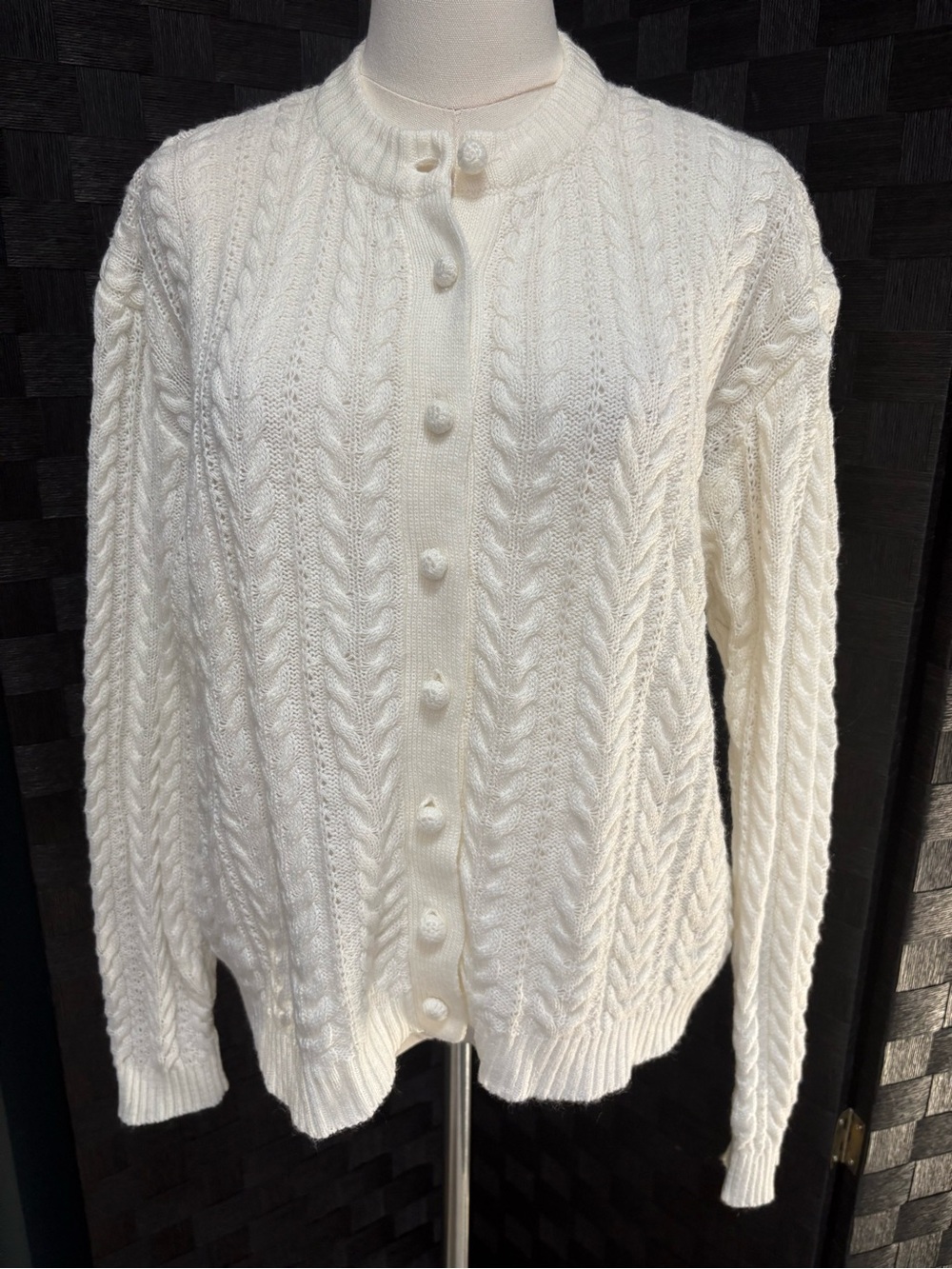 VTG 50s Tally-Ho Cream Cable Knit Cardigan Sweater Coquette Rockabilly XL